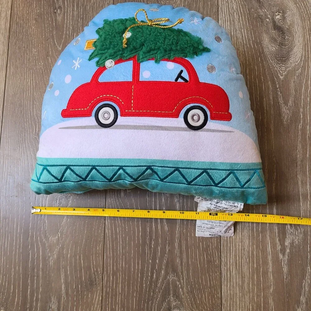 Christmas Pillow Holiday Decor Red Car with Christmas Tree Snow Globe Scene